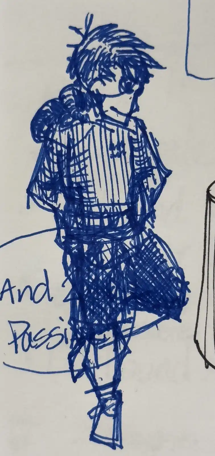 A blue ink sketch of a person viewed from behind, wearing a striped shirt and shorts, with scribbled lines covering their…
