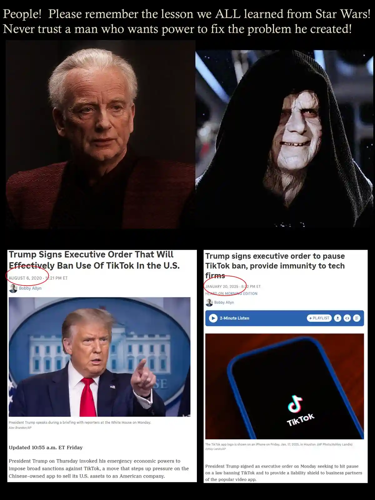 The image displays two Star Wars characters: a calm, older man in a red robe (Palpatine) and a sinister, hooded figure…