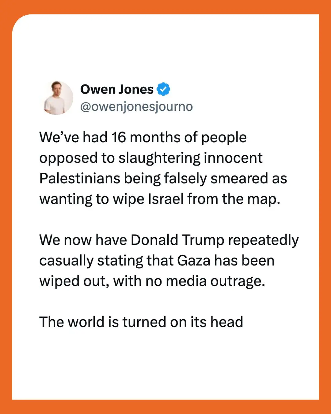 A screenshot of a tweet by Owen Jones (@owenjonesjurno) with a blue verification checkmark, displaying text criticizing…
