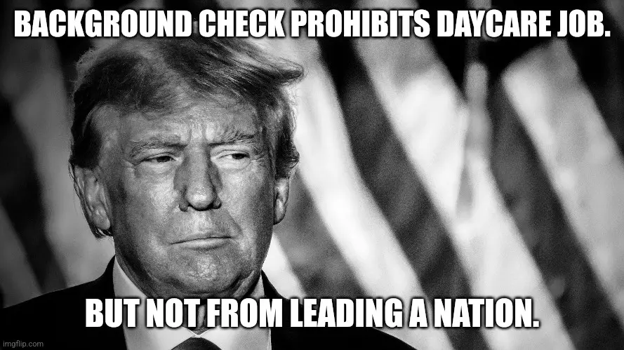 A black and white image of Donald Trump with a stern, unimpressed facial expression, set against a blurred background of…