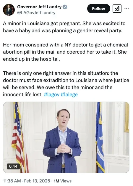 A screenshot of a tweet from Louisiana Governor Jeff Landry shows him standing in front of American and state flags, wearing…