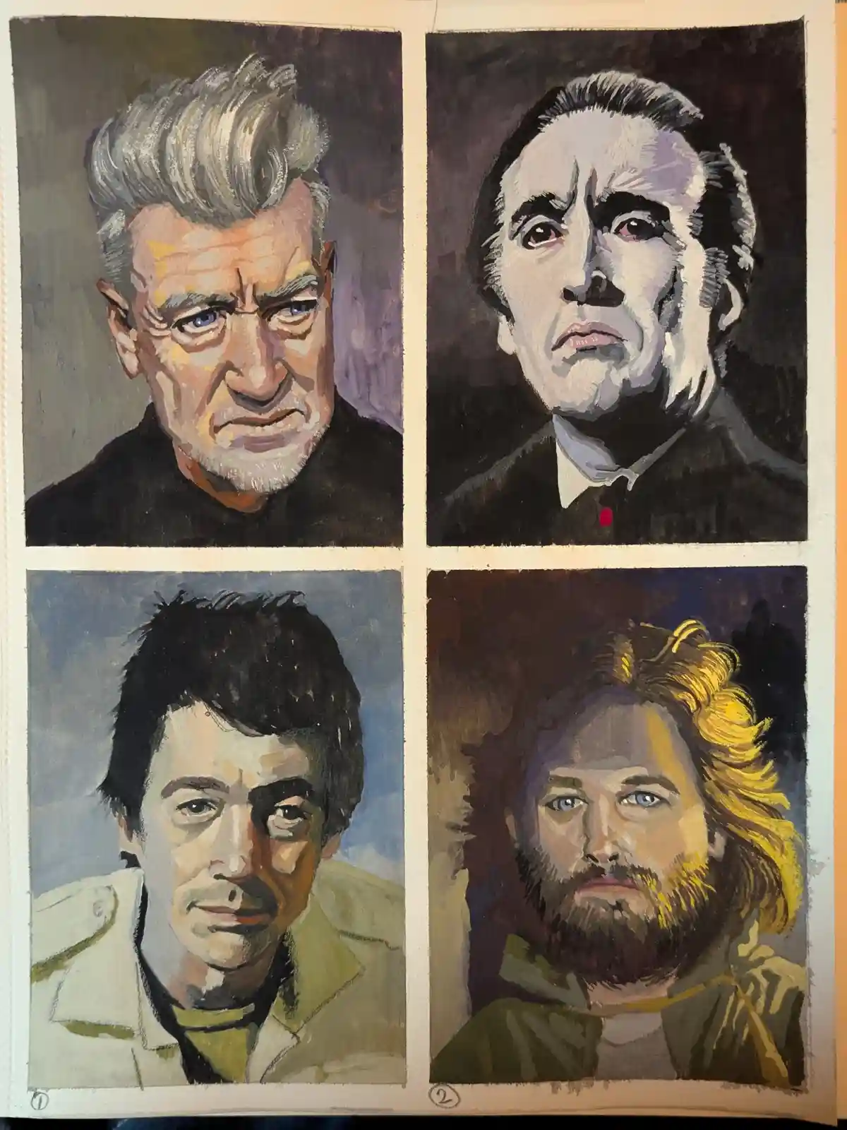 The image displays four distinct painted portraits arranged in a 2x2 grid. The top-left portrait shows a man with gray hair…