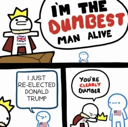 A four-panel comic strip featuring a cartoon king with a British flag and 'BREXIT' text on his chest, declaring himself 'the…
