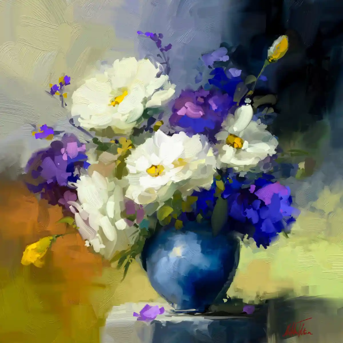 A painterly digital artwork depicts a vibrant bouquet of white, purple, and blue flowers in a glossy blue vase, with visible…
