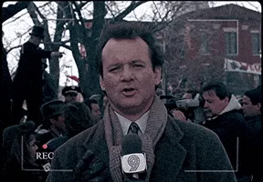 A six-panel image sequence from the movie 'Groundhog Day' showing actor Bill Murray as a weatherman repeating his line with…