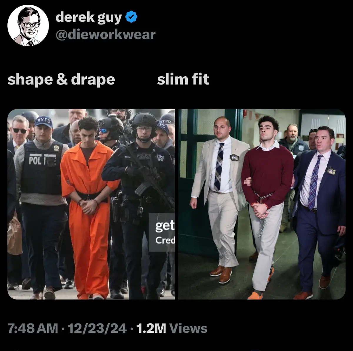 The image shows a side-by-side comparison of a man in an orange prison jumpsuit being escorted by police, labeled 'shape &…