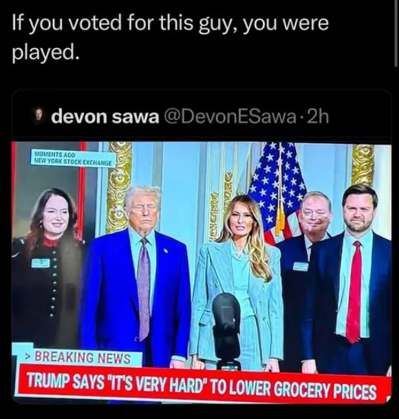 A screenshot of a Twitter post by Devon Sawa showing Donald Trump, Melania Trump, and two other men standing at a podium…