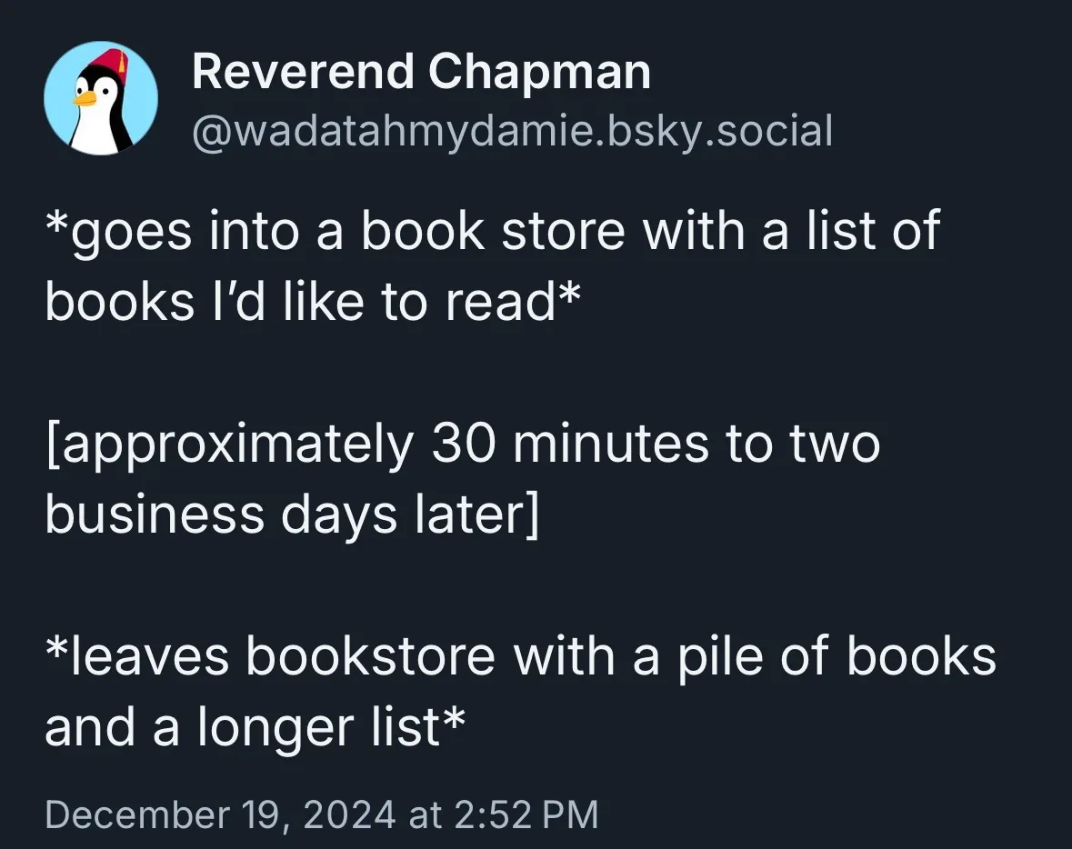 A screenshot of a social media post by 'Reverend Chapman' with a penguin avatar, showing text that describes entering a…