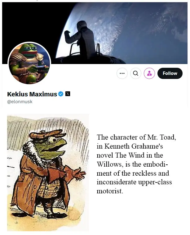 A screenshot of a Twitter post by 'Kekius Maximus' (@elonmusk) featuring a cartoon illustration of Mr. Toad from 'The Wind…