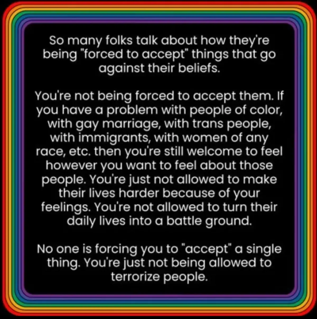 A black background with white text framed by concentric rainbow borders. The text is a message addressing people who claim…