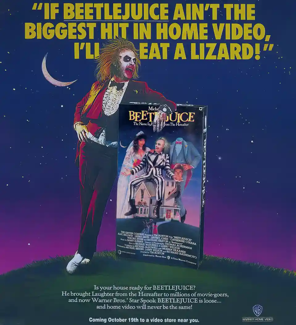 A promotional poster for the 1988 film Beetlejuice, featuring the main character Beetlejuice in his iconic red suit and…