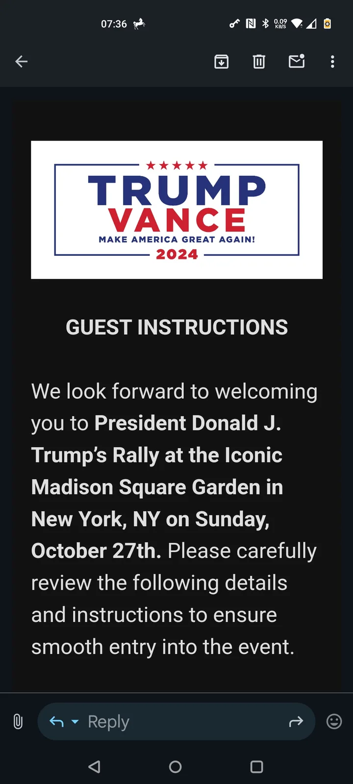 A screenshot of a mobile email or message displaying a rally invitation for 'TRUMP VANCE 2024' with the slogan 'MAKE AMERICA…