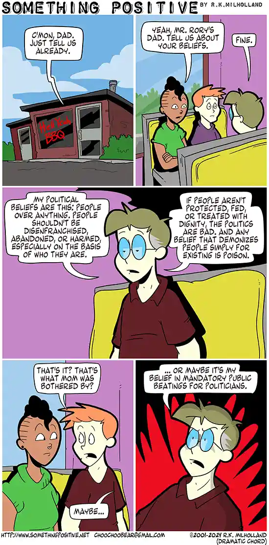 A comic strip titled 'SOMETHING POSITIVE' by R.K. Milholland shows a dad reluctantly explaining his political beliefs to his…