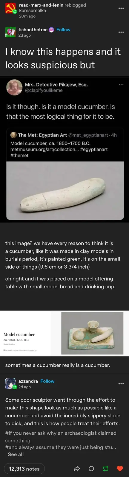 The image shows a screenshot of a social media thread discussing an ancient Egyptian artifact. The central image is a small…