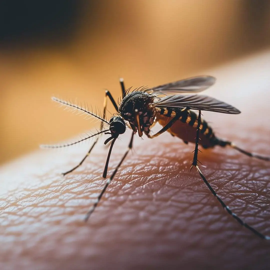 A close-up photograph shows a mosquito with a black and yellow striped abdomen, perched on human skin. Its long legs…