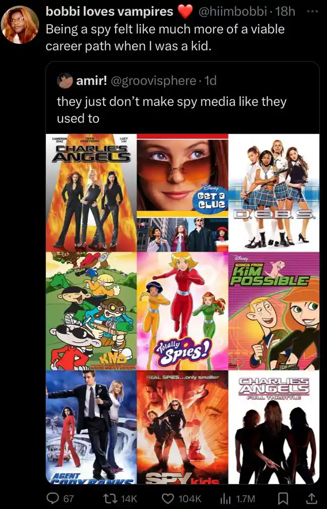 A screenshot of a Twitter thread where a user laments that spy media isn't made like it used to, accompanied by a collage of…