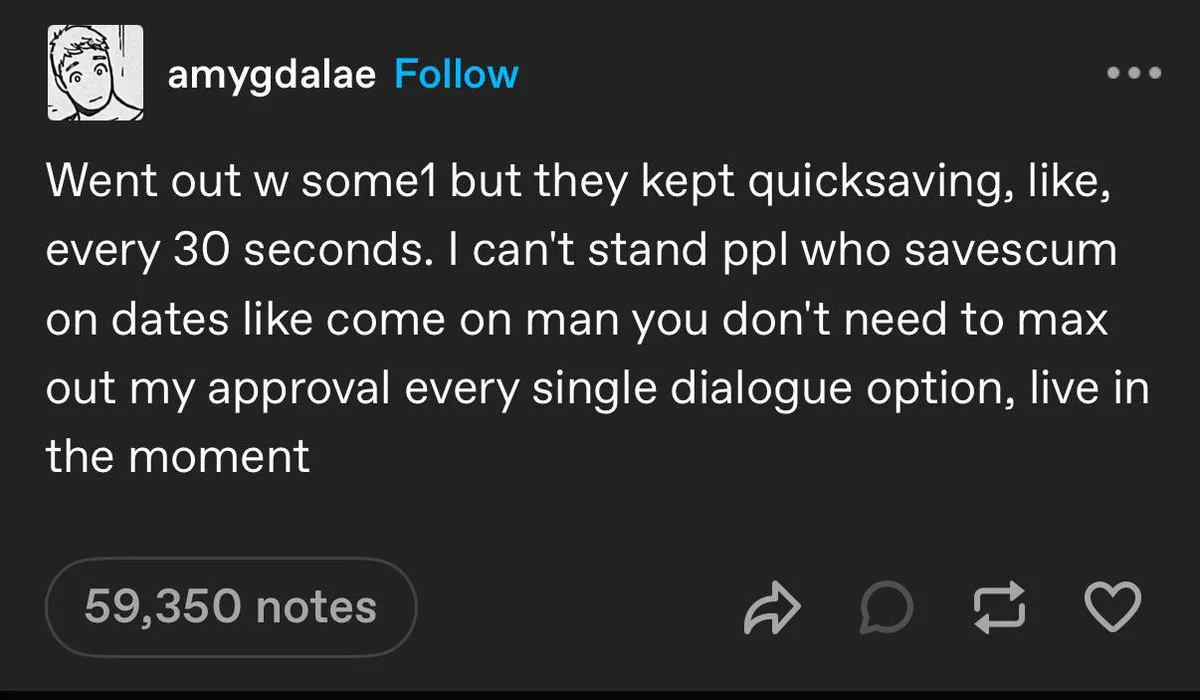 A screenshot of a Tumblr post by user 'amygdalae' with a dark background and white text. The post humorously complains about…