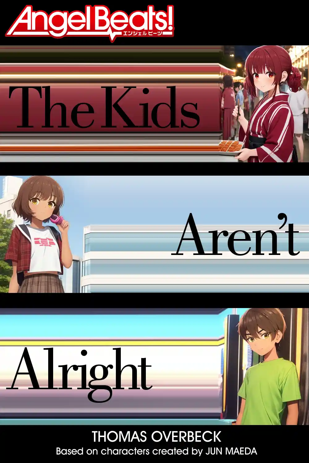 This image is a three-panel meme using characters from the anime Angel Beats! The top panel shows a girl in a red kimono…