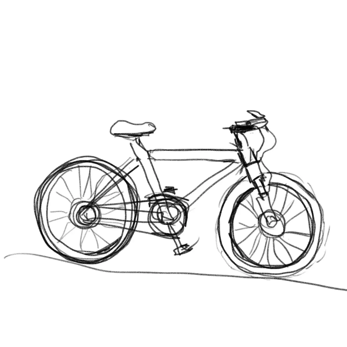 A simple black-and-white sketch of a bicycle with scribbled lines around the wheels and frame, suggesting motion or effort…