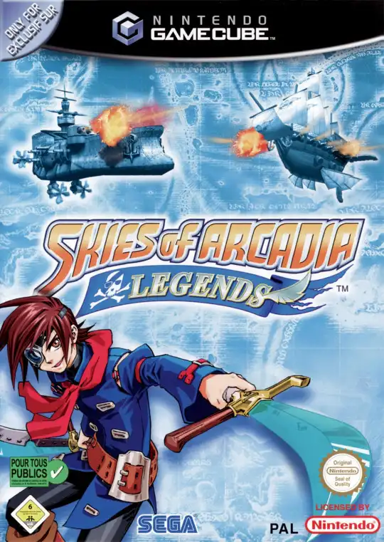 The image is the cover art for the Nintendo GameCube game 'Skies of Arcadia Legends', featuring a red-haired anime-style…