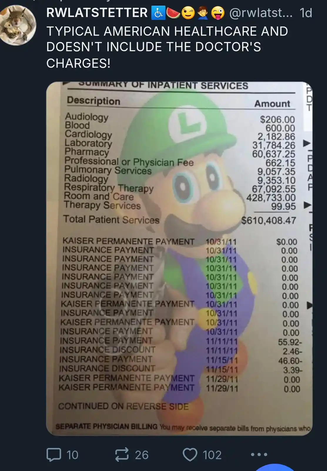 An image of a hospital bill with a large, cartoonish Luigi character superimposed over the middle. The bill lists services…