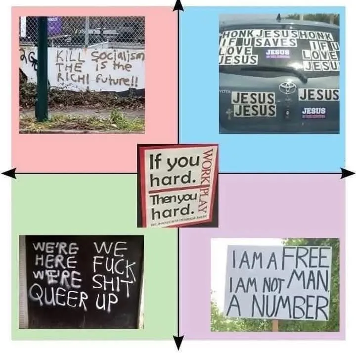 A four-panel meme collage showing contrasting signs: top-left a graffiti sign reading 'KILL SOCIALISM THE RICH! is the…