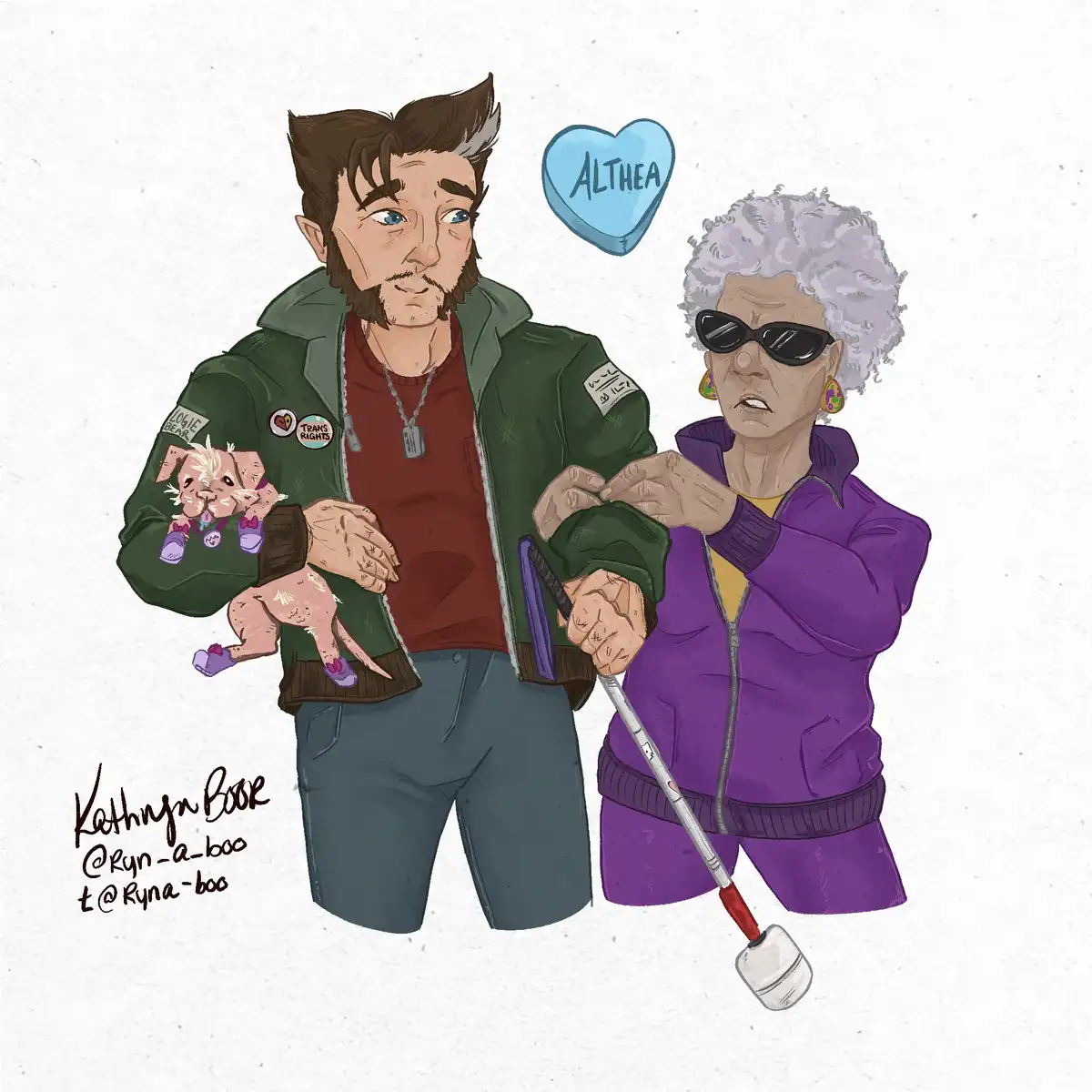 An illustration shows a man with brown hair and a green jacket holding a small pink dog, while an older woman with gray…