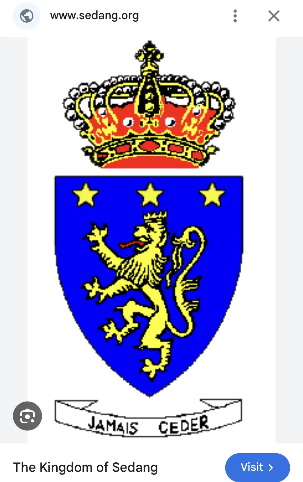 The image displays a pixelated coat of arms featuring a blue shield with a yellow rampant lion and three yellow stars above…