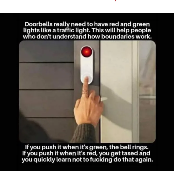 A person's finger presses a white doorbell button mounted on a gray door. Above the image, text reads: 'Doorbells really…