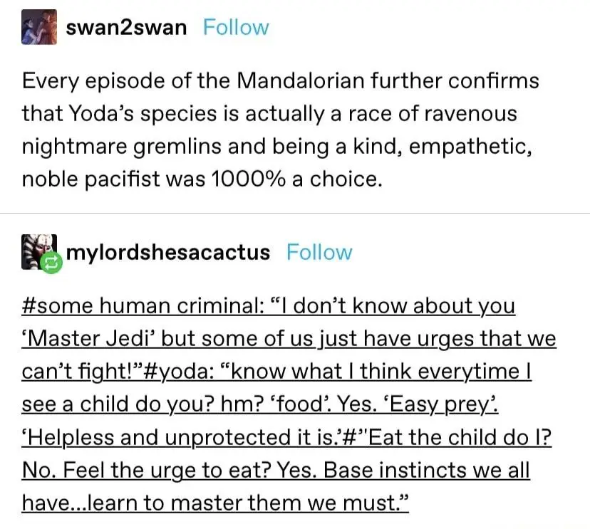 A screenshot of two Twitter/X posts. The first post by 'swan2swan' states that 'Every episode of the Mandalorian further…