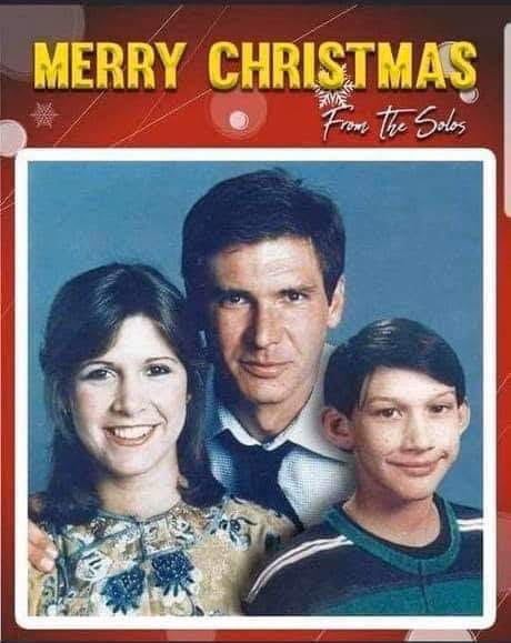 A Christmas card-style image features three people: a woman on the left, a man in the center, and a young boy on the right…