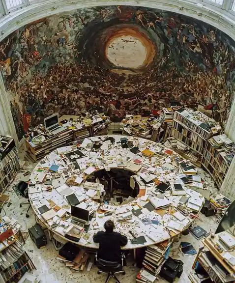 An overhead view of a person sitting at a massive, circular, cluttered desk surrounded by stacks of books and papers, with a…