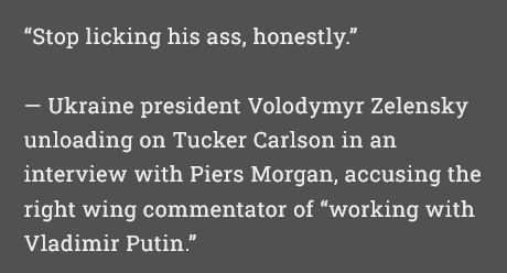 A dark gray background displays white text quoting Ukrainian president Volodymyr Zelensky's alleged remark during an…