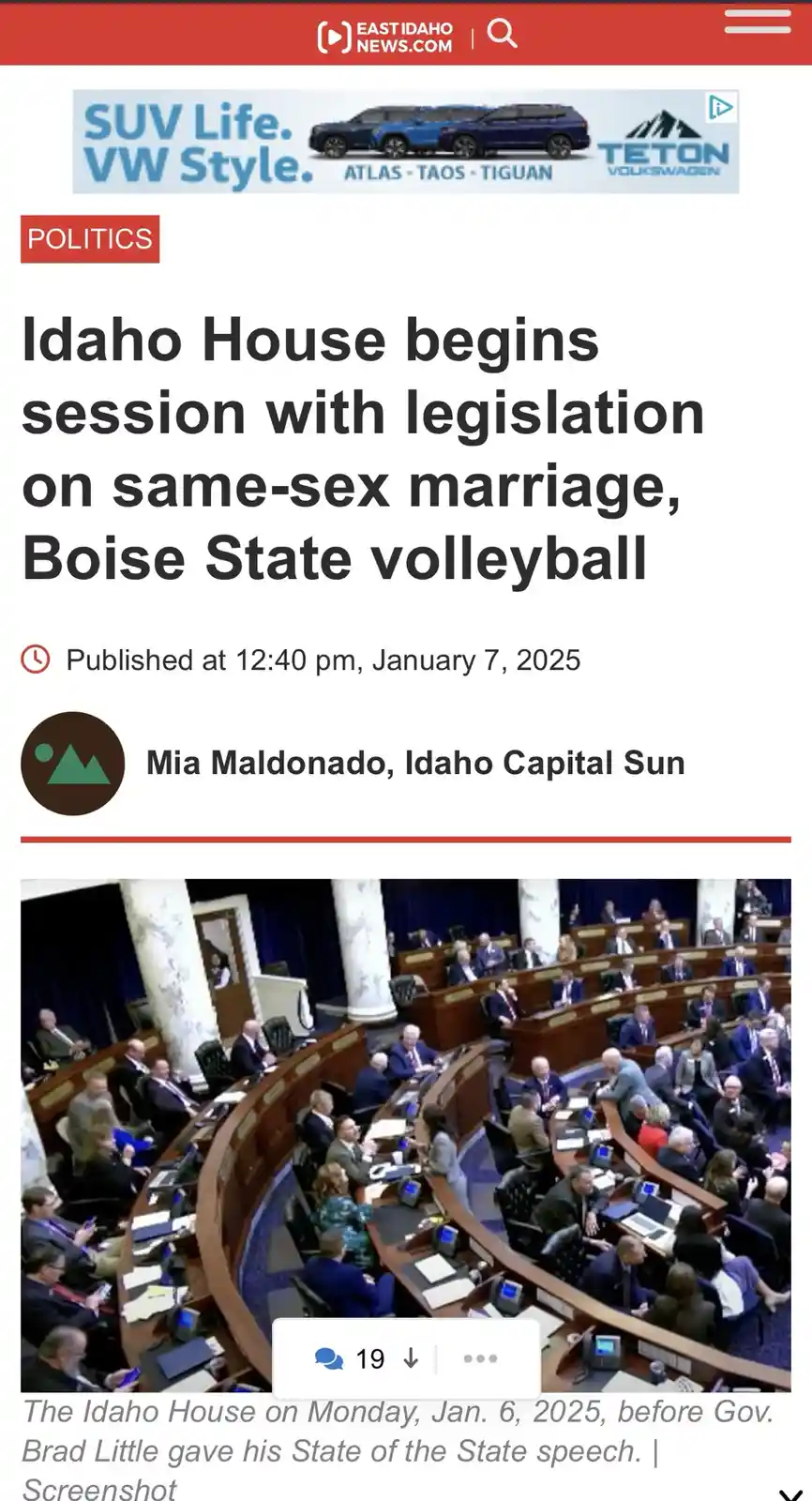 A screenshot of a news article from East Idaho News.com shows a photo of the Idaho House chamber with legislators seated…
