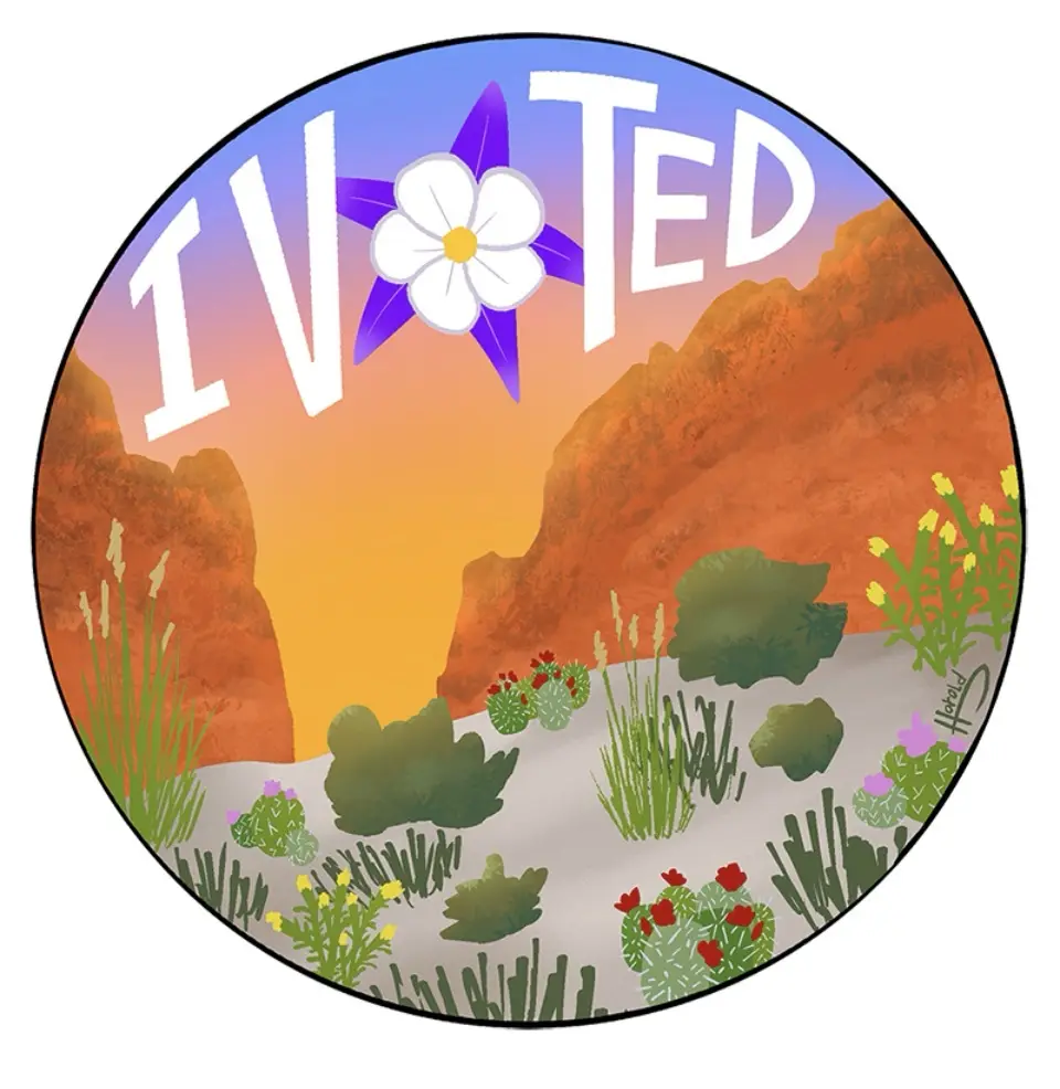 A circular desert landscape illustration with orange rock formations, cacti, and grasses under a sunset sky. The word…