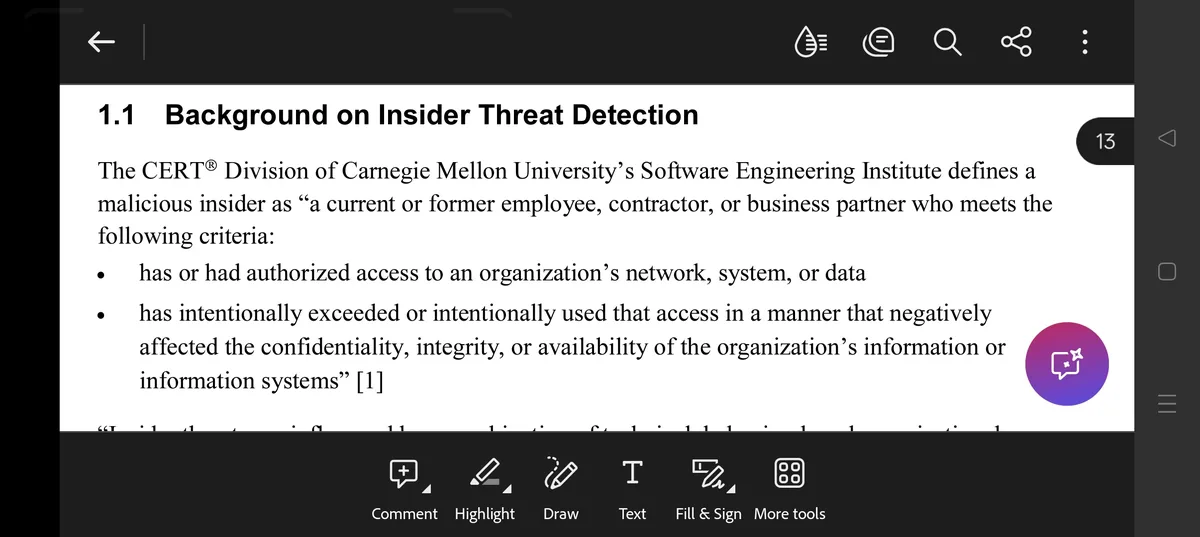 A screenshot of a document page titled '1.1 Background on Insider Threat Detection' from the CERT Division of Carnegie…