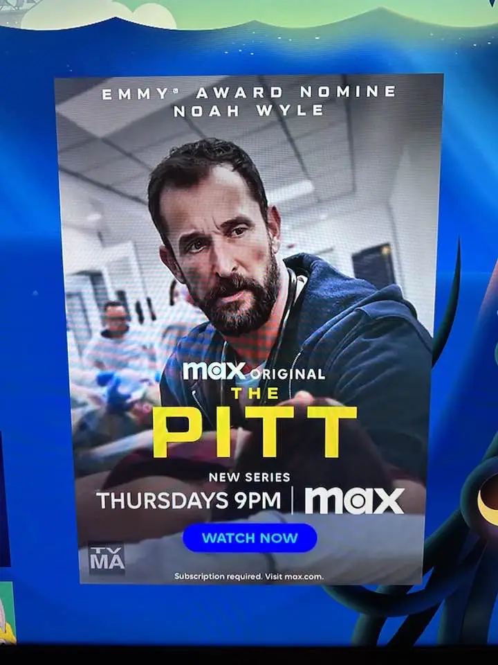 A promotional poster for the Max Original TV series 'The Pitt' featuring actor Noah Wyle, who is labeled as an Emmy Award…