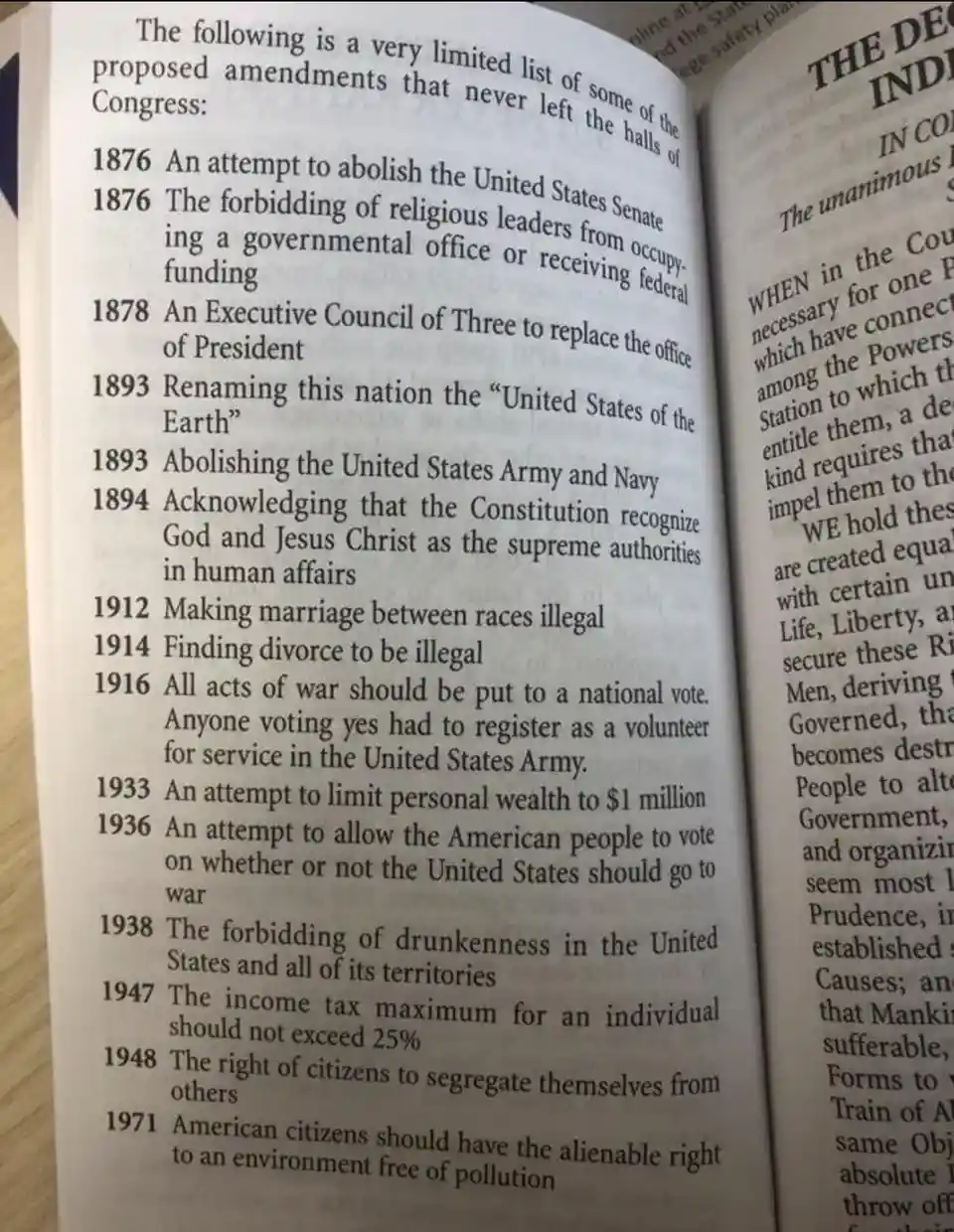 A book page lists proposed but never-passed U.S. constitutional amendments from 1876 to 1971, including abolishing the…