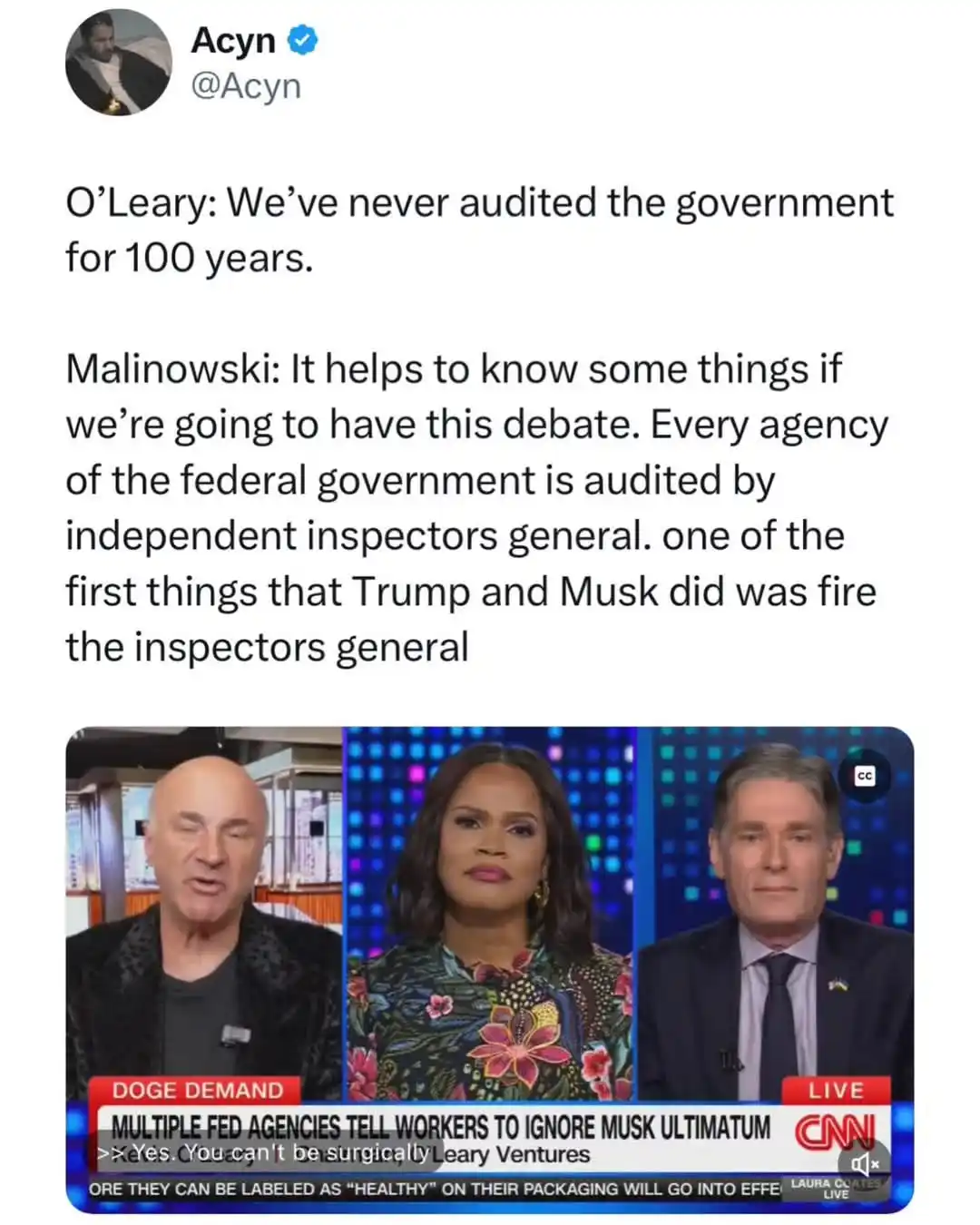 A screenshot of a CNN broadcast featuring three panelists, with overlaid text quoting a debate between O'Leary and…