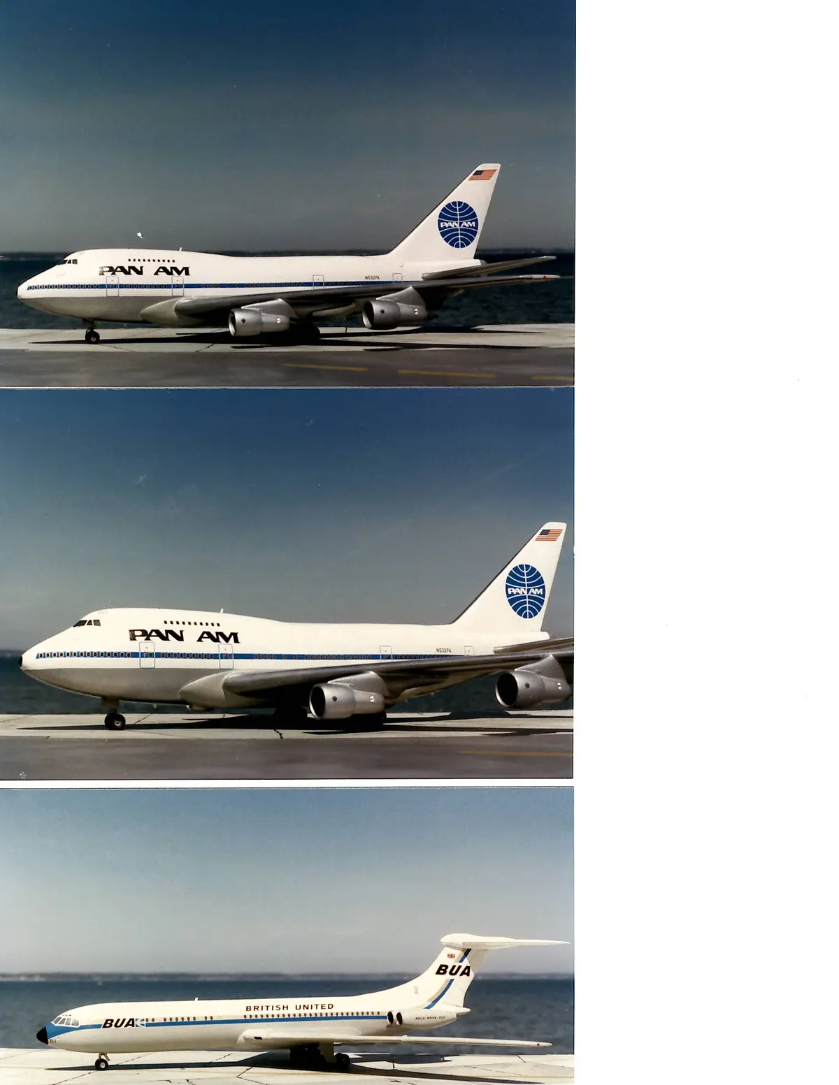 The image displays three stacked photos of airplanes. The top two show a Pan Am Boeing 747 with 'PAN AM' livery, while the…