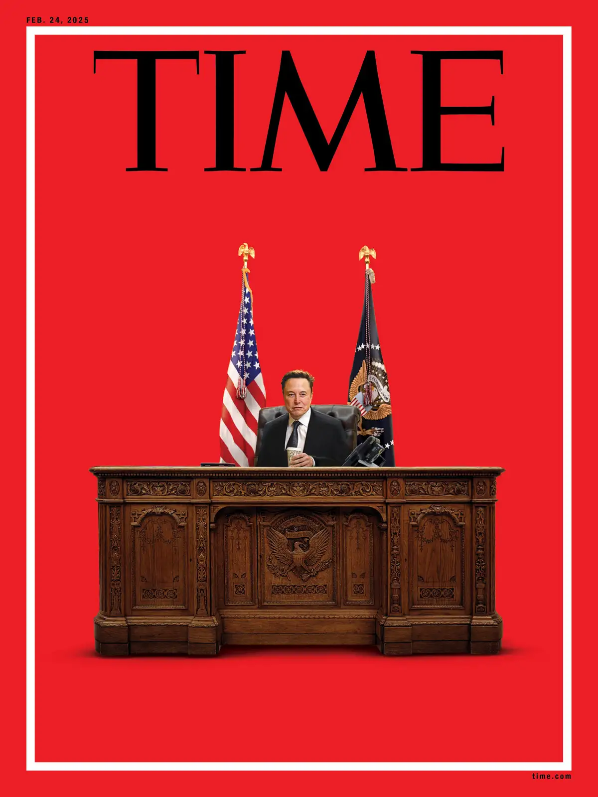 The image is a digitally altered TIME magazine cover dated February 24, 2025, featuring a man resembling Elon Musk seated at…