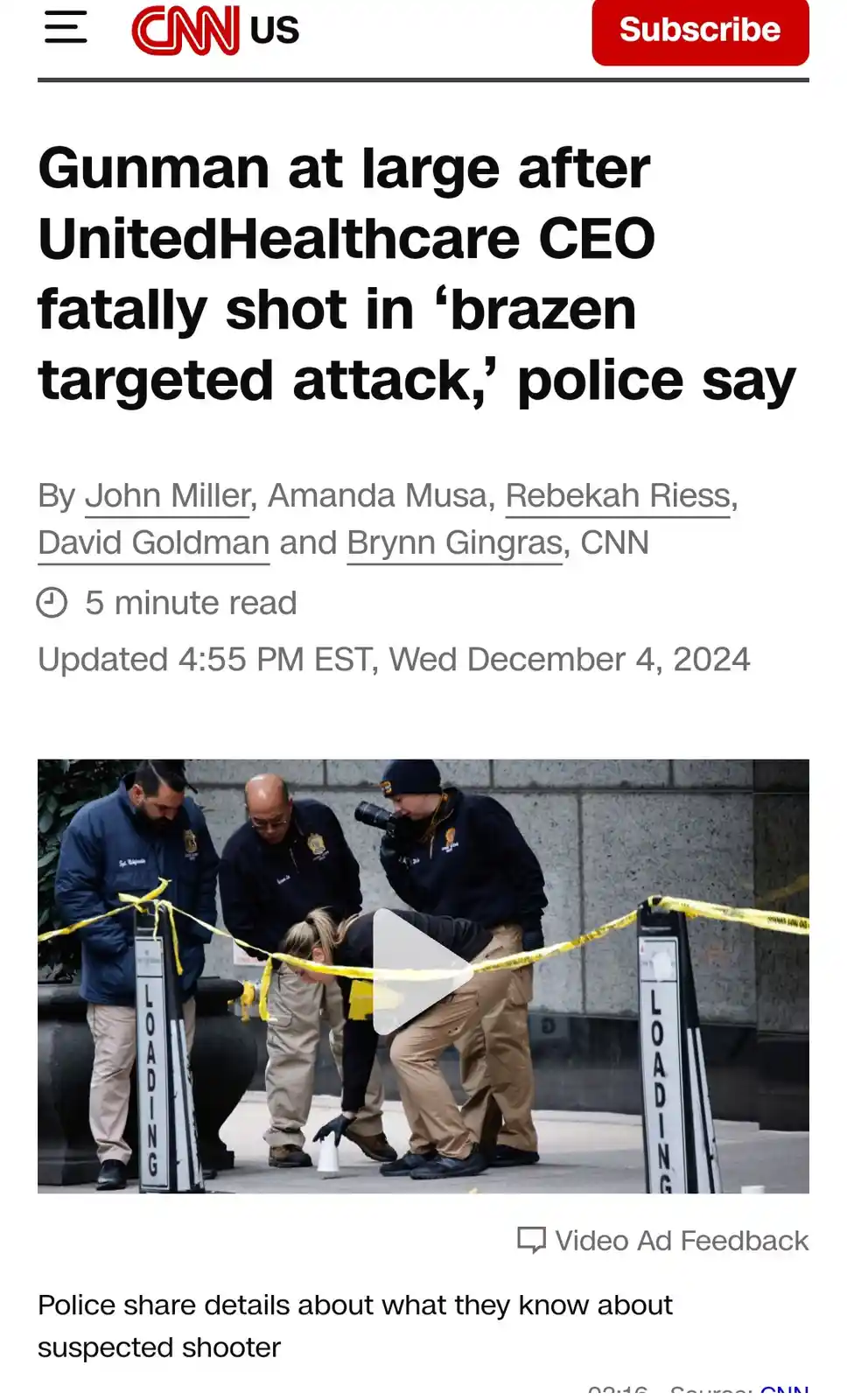 A screenshot of a CNN news article about a CEO being fatally shot, showing police officers at a crime scene with yellow tape…