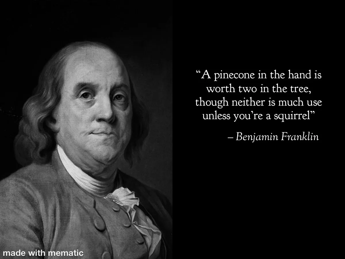 A black-and-white portrait of Benjamin Franklin on the left, looking serious, with white text on a black background on the…