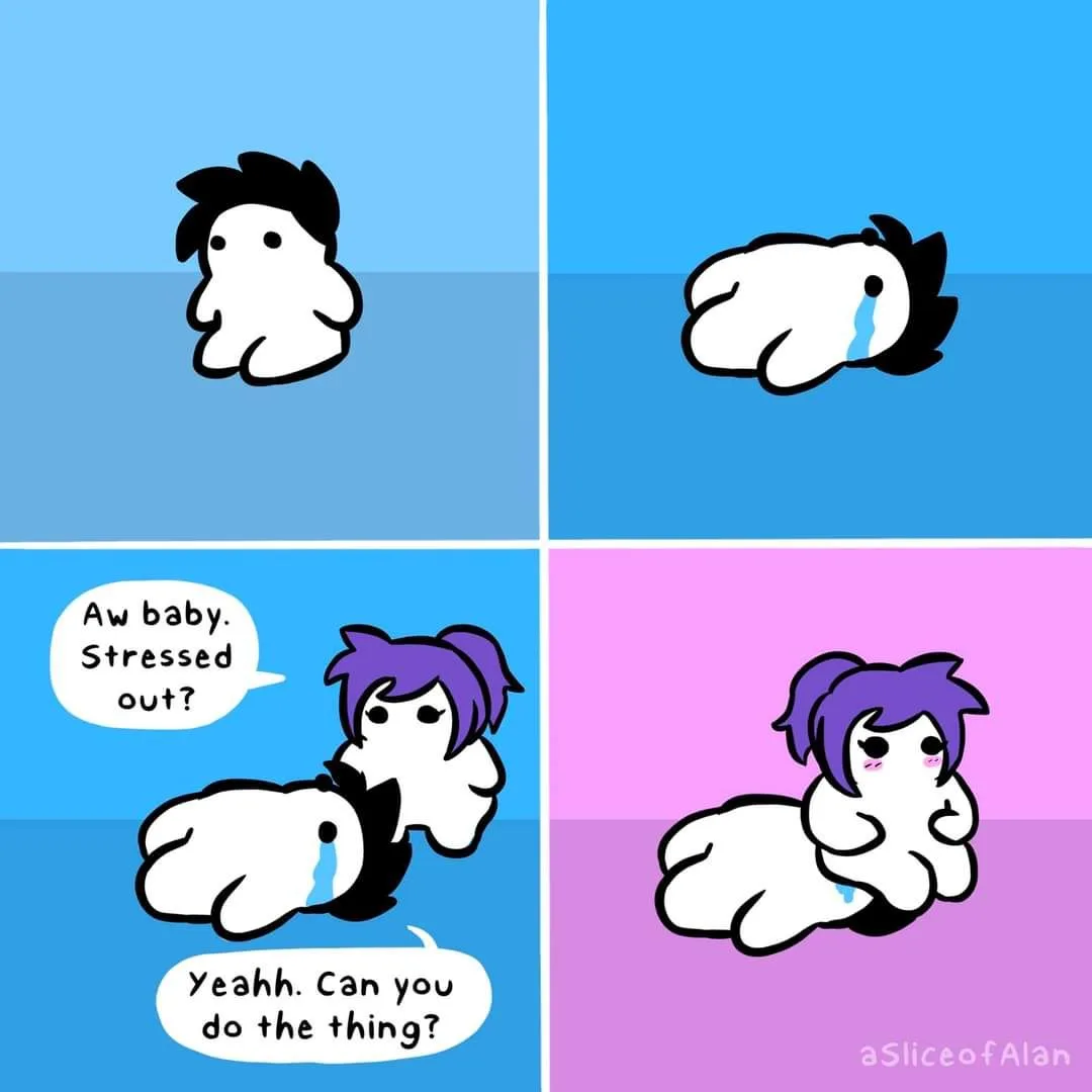 A four-panel comic shows a black-haired character looking stressed and crying, then being comforted by a purple-haired…