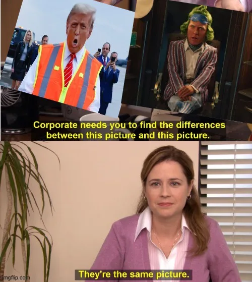 The image is a three-panel meme. The top left shows Donald Trump in an orange safety vest with his mouth open, surrounded by…