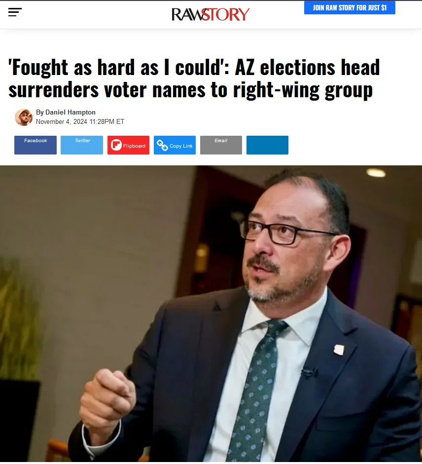 A screenshot of a Raw Story news article from November 4, 2024, featuring a photo of a man in a dark suit and glasses…