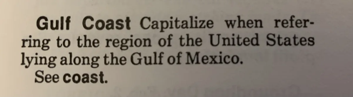 The image displays a close-up of printed text that reads 'Gulf Coast Capitalize when referring to the region of the United…