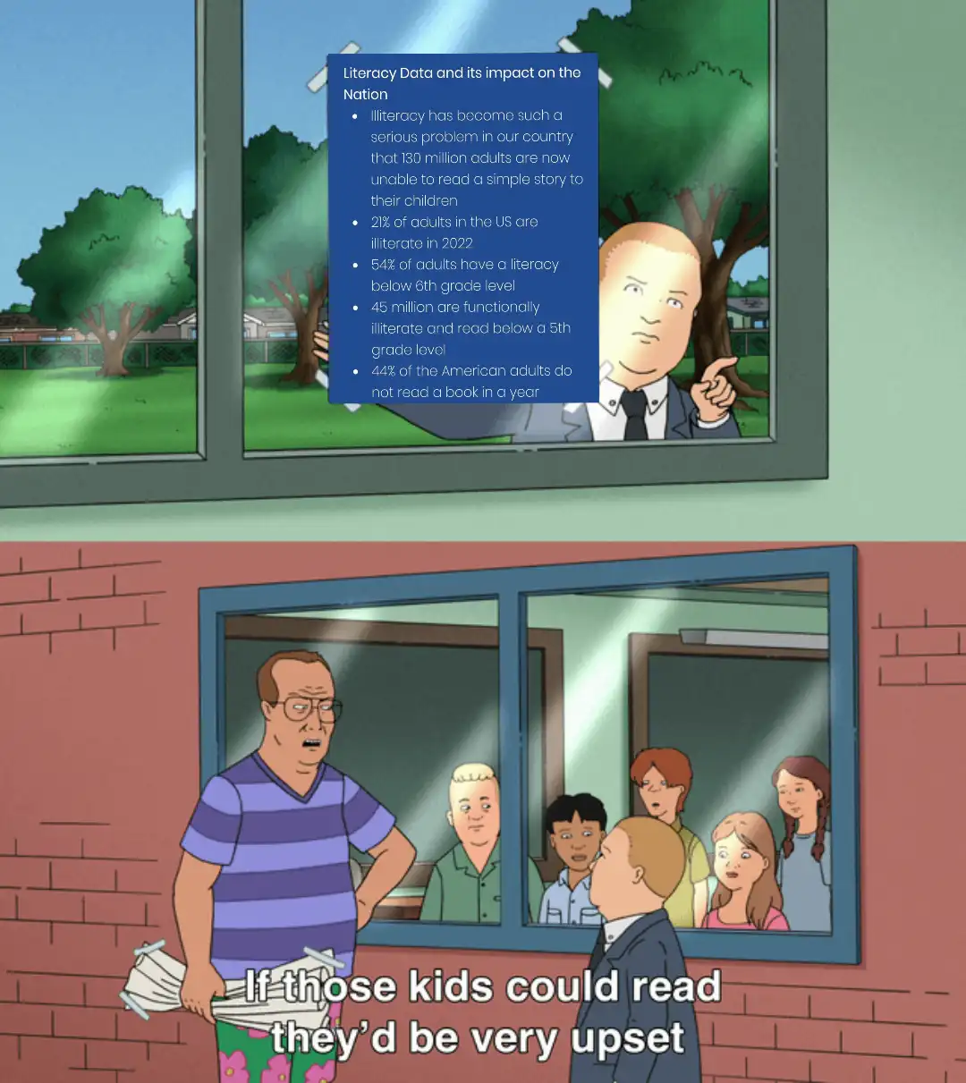 The image is a two-panel meme from the animated show 'King of the Hill'. The top panel shows a man in a suit pointing out a…