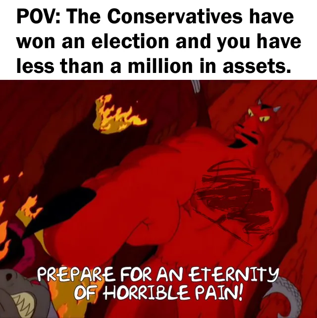 A red-skinned, horned devil with glowing yellow eyes lies in a fiery, hellish cave, looking distressed. The top text reads…