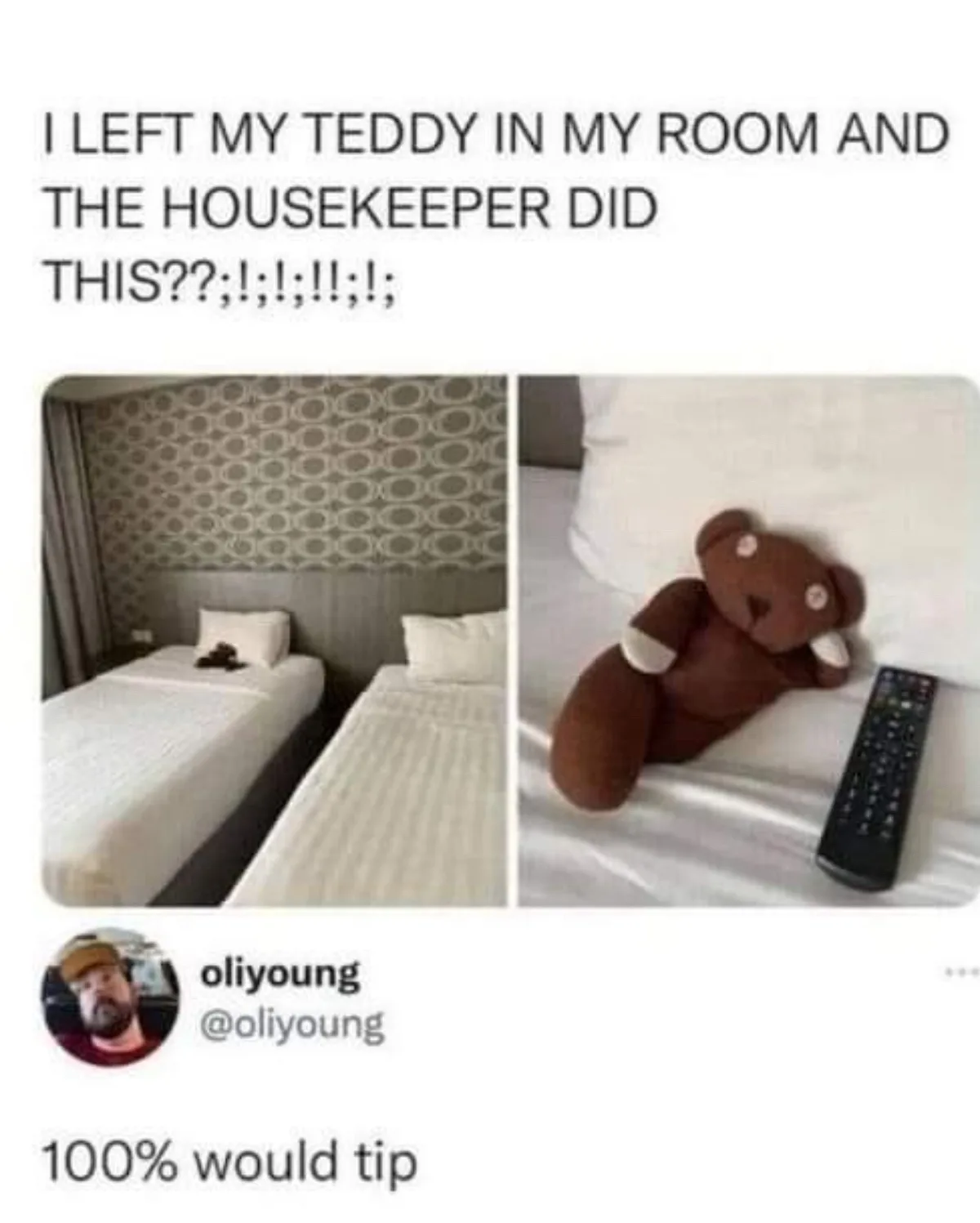 The image shows a split-screen: left side is a hotel room with two beds and a small brown teddy bear on one bed, right side…